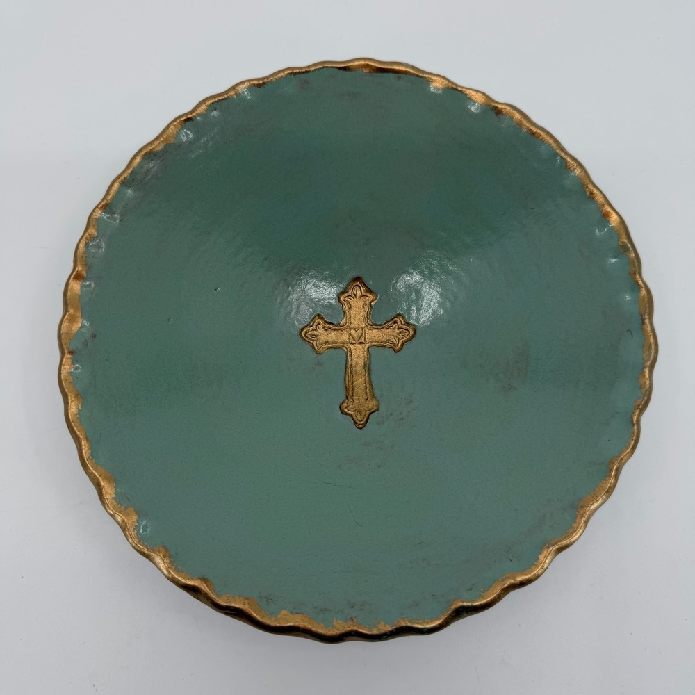Studio Art Pottery Prayer Bowl Green Gold Cross Signed Christian Trinket Decor